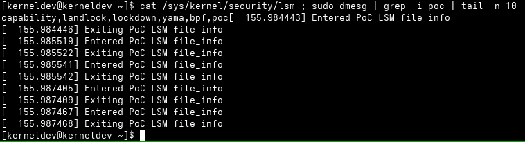 Kernel log showing our PoC LSM's log messages.
