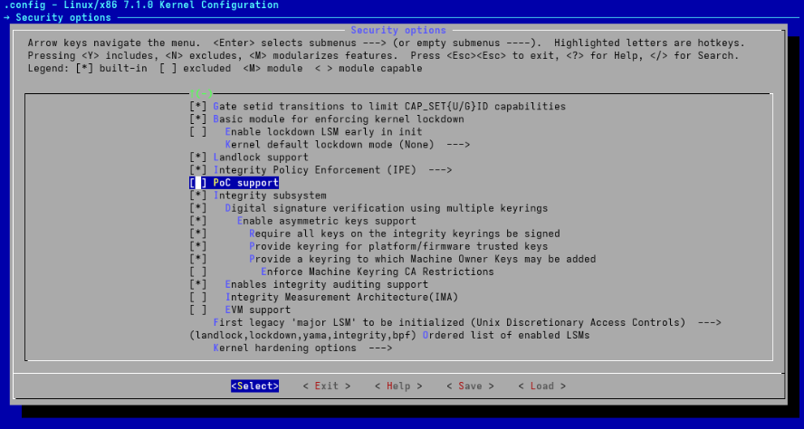 Security subsystem's compilation submenu showing our LSM.