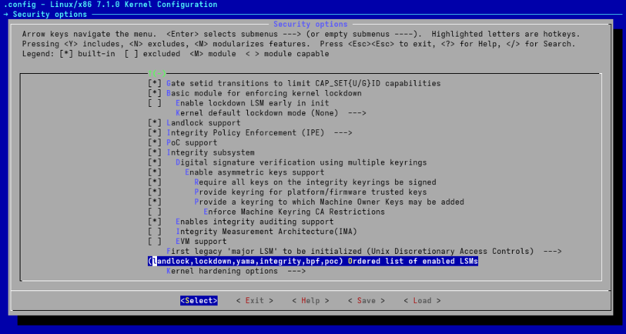 Security subsystem's compilation submenu after configuring our LSM.