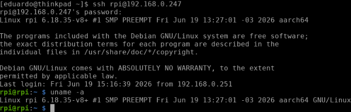 SSH login into the RPi system with the new kernel.