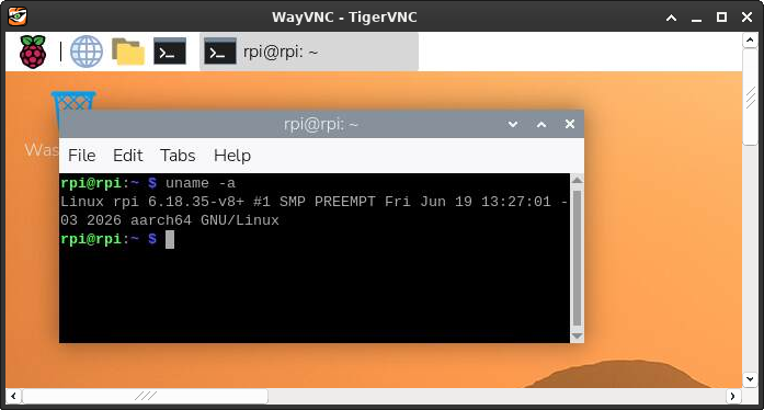 VNC session into the RPi with the newly compiled kernel.